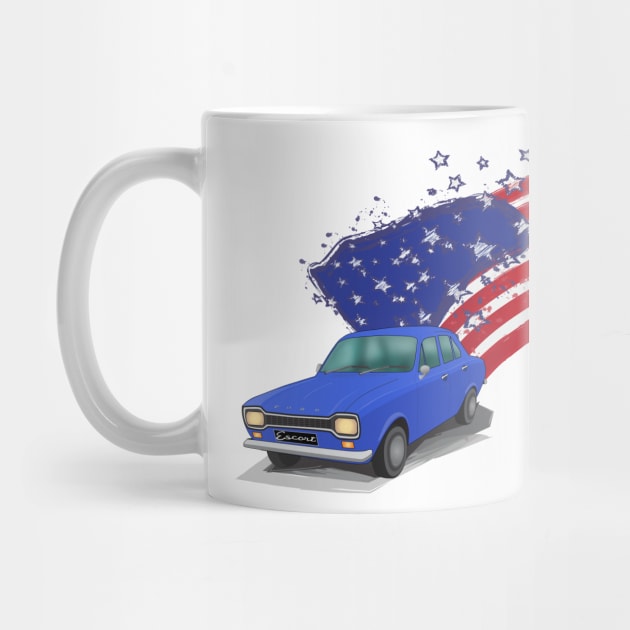 Iconic Ford Escort From the 70s with the American Flag behind - illustration by ibadishi